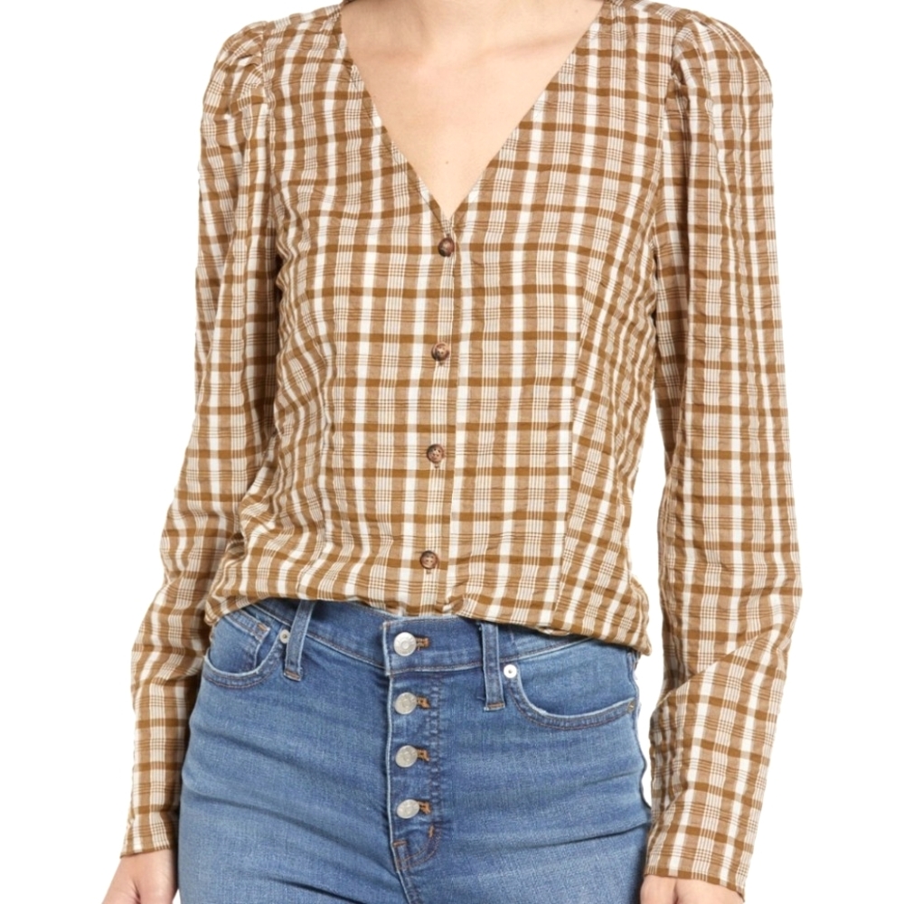 Madewell‎ Westover Sandown Plaid Cotton Top Weathered Olive